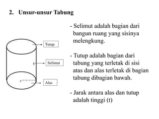 Tutup
Selimut
Alas
2. Unsur-unsur Tabung
- Selimut adalah bagian dari
bangun ruang yang sisinya
melengkung.
- Tutup adalah bagian dari
tabung yang terletak di sisi
atas dan alas terletak di bagian
tabung dibagian bawah.
- Jarak antara alas dan tutup
adalah tinggi (t)
 