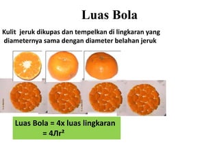 Luas Bola
Luas Bola = 4x luas lingkaran
= 4Лr²
Kulit jeruk dikupas dan tempelkan di lingkaran yang
diameternya sama dengan diameter belahan jeruk
 