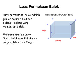 Luas Permukaan Balok
Luas permukaan balok adalah
jumlah seluruh luas dari
bidang – bidang yang
membatasi balok .
Mengenal ukuran balok
Suatu balok memilili ukuran
panjang,lebar dan Tinggi
panjang
tinggi
lebar
O
K L
MN
P
Q
R
Mengidentifikasi Ukuran Balok
 