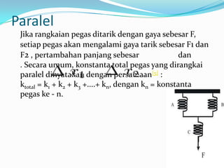 Paralel
 Jika rangkaian pegas ditarik dengan gaya sebesar F,
 setiap pegas akan mengalami gaya tarik sebesar F1 dan
 F2 , pertambahan panjang sebesar                   dan
 . Secara umum, konstanta total pegas yang dirangkai
 paralel dinyatakan dengan persamaan[5] :
 ktotal = k1 + k2 + k3 +....+ kn, dengan kn = konstanta
 pegas ke - n.
 