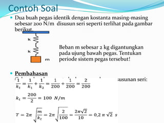 Contoh Soal
 Dua buah pegas identik dengan kostanta masing-masing
 sebesar 200 N/m disusun seri seperti terlihat pada gambar
 berikut.


                   Beban m sebesar 2 kg digantungkan
                   pada ujung bawah pegas. Tentukan
                   periode sistem pegas tersebut!

 Pembahasan
 Gabungkan konstanta kedua pegas dengan susunan seri:
 
