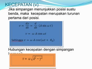 KECEPATAN (v)
 Jika simpangan menunjukkan posisi suatu
 benda, maka kecepatan merupakan turunan
 pertama dari posisi.




 Hubungan kecepatan dengan simpangan
 harmonik
 