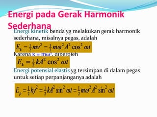 Energi pada Gerak Harmonik
Sederhanabenda yg melakukan gerak harmonik
 Energi kinetik
 sederhana, misalnya pegas, adalah

 Karena k = mω2, diperoleh

 Energi potensial elastis yg tersimpan di dalam pegas
 untuk setiap perpanjanganya adalah
 