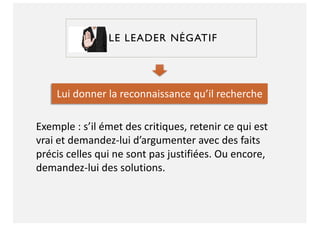 LE LEADER NÉGATIF
Lui donner la reconnaissance qu’il recherche
Exemple : s’il émet des critiques, retenir ce qui est
vrai et demandez-lui d’argumenter avec des faits
précis celles qui ne sont pas justifiées. Ou encore,
demandez-lui des solutions.
 