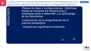 3.
Mineducación
RESULTADO
¿ Cómo incluir o reconocer la incorporación de las interacciones en la
planeación y valoración del plan de clase o configuración didáctica ?
-Planes de clase o configuraciones didácticas
donde se incorpore las interacciones y
estrategias para el desarrollo y el aprendizaje
de los estudiantes.
-Continuación de la resignificación de la
práctica pedagógica.
- Experiencia significativa fortalecida.
 