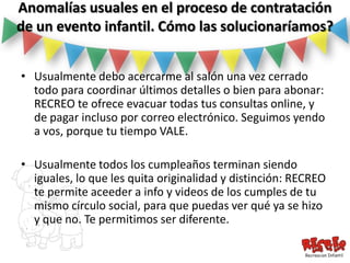 Anomalías usuales en el proceso de contratación
de un evento infantil. Cómo las solucionaríamos?


• Usualmente debo acercarme al salón una vez cerrado
  todo para coordinar últimos detalles o bien para abonar:
  RECREO te ofrece evacuar todas tus consultas online, y
  de pagar incluso por correo electrónico. Seguimos yendo
  a vos, porque tu tiempo VALE.

• Usualmente todos los cumpleaños terminan siendo
  iguales, lo que les quita originalidad y distinción: RECREO
  te permite aceeder a info y videos de los cumples de tu
  mismo círculo social, para que puedas ver qué ya se hizo
  y que no. Te permitimos ser diferente.
 