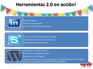 Herramientas 2.0 en acción!

   Red de contactos
   Perfil de nuevos clientes
   CV online animadores y profesores




   Comunicación en tiempo real con clientes
   Disminución de costos de comunicación
   Posibilidad de consultas online!



   Vinculación con nuevo clientes
   Creación de identidad en la Web
   Divulgación de contenidos
   Volvernos referentes de consulta: ingresar contenidos de seguridad e higiene,
   juegos con pedagogía, recreación infantil responsable
 
