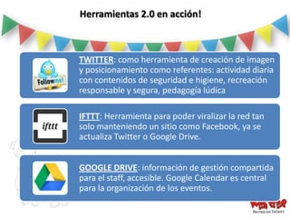 Herramientas 2.0 en acción!



TWITTER: como herramienta de creación de imagen
y posicionamiento como referentes: actividad diaria
con contenidos de seguridad e higiene, recreación
responsable y segura, pedagogía lúdica

IFTTT: Herramienta para poder viralizar la red tan
solo manteniendo un sitio como Facebook, ya se
actualiza Twitter o Google Drive.


GOOGLE DRIVE: información de gestión compartida
para el staff, accesible. Google Calendar es central
para la organización de los eventos.
 