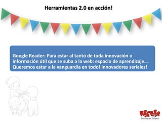 Herramientas 2.0 en acción!




Google Reader: Para estar al tanto de toda innovación o
información útil que se suba a la web: espacio de aprendizaje…
Queremos estar a la vanguardia en todo! Innovadores seriales!
 