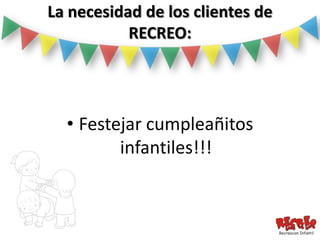 La necesidad de los clientes de
           RECREO:




  • Festejar cumpleañitos
         infantiles!!!
 