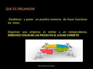 QUE ES ORGANIZAR
Establecer y poner en practica maneras de hacer funcionar
las cosas
Organizar una empresa es similar a un rompecabezas,
DEBEMOS COLOCAR LAS PIEZAS EN EL LUGAR CORRETO
CPC Orlando Lovon Castro
 