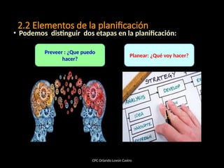2.2 Elementos de la planificación
• Podemos distinguir dos etapas en la planificación:
CPC Orlando Lovon Castro
Preveer : ¿Que puedo
hacer?
Planear: ¿Qué voy hacer?
 
