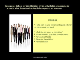 Estos pasos deben ser considerados en las actividades organizadas de
acuerdo a las áreas funcionales de la empresa, así tenemos
CPC Orlando Lovon Castro
PERSONAL
 Este plan es una herramienta para estimar
necesidades de personal
 ¿Cuántas personas se necesitan?
 Entrenamiento, que tipo, cuando, como
 Personal calificado
 Bienestar, beneficios
 Política salarial
 