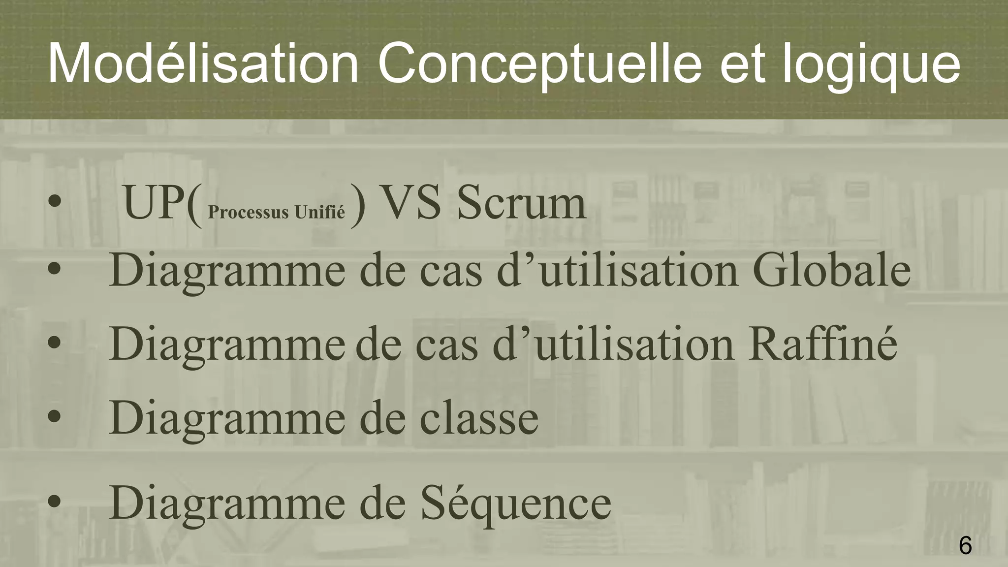Modélisation Conceptuelle et logique
• UP(Processus Unifié ) VS Scrum
• Diagramme de cas d’utilisation Globale
• Diagramme de cas d’utilisation Raffiné
• Diagramme de classe
• Diagramme de Séquence
6
 