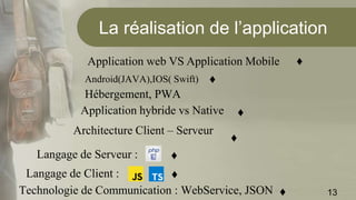 La réalisation de l’application
Application web VS Application Mobile
Android(JAVA),IOS( Swift)
Hébergement, PWA
Application hybride vs Native
Architecture Client – Serveur
Langage de Serveur :
Technologie de Communication : WebService, JSON
Langage de Client :
13
♦
♦
♦
♦
♦
♦
♦
 