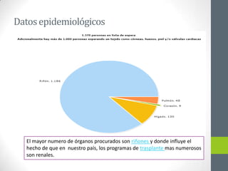 Datos epidemiológicos




  El mayor numero de órganos procurados son riñones y donde influye el
  hecho de que en nuestro país, los programas de trasplante mas numerosos
  son renales.
 