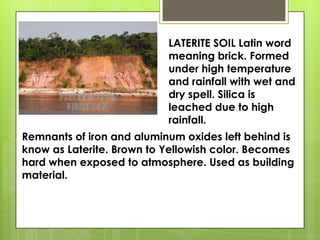 LATERITE SOIL Latin word
meaning brick. Formed
under high temperature
and rainfall with wet and
dry spell. Silica is
leached due to high
rainfall.
Remnants of iron and aluminum oxides left behind is
know as Laterite. Brown to Yellowish color. Becomes
hard when exposed to atmosphere. Used as building
material.
 