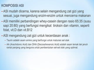 KOMPOSISI ASI
-ASI mudah dicerna, karena selain mengandung zat gizi yang
sesuai, juga mengandung enzim-enzim untuk mencerna makanan
-ASI memiliki perbandingan whey-casein dengan rasio 65:35 (susu
sapi 20:80) yang berfungsi mengikat tiroksin dan vitamin, seperti
folat, vit.D dan vit.B12
-ASI mengandung zat gizi untuk kecerdasan anak :
- Taurin adalah asam amino yang berfungsi untuk maturasi sel otak
- AA (Arachidonic Acid) dan DHA (Decosahexanoic Acid) adalah asam lemak tak jenuh
rantai panjang yang berguna untuk pembentukan sel-sel otak yang optimal.
 