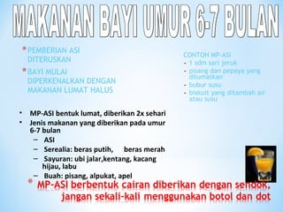 *PEMBERIAN ASI
DITERUSKAN
*BAYI MULAI
DIPERKENALKAN DENGAN
MAKANAN LUMAT HALUS
CONTOH MP-ASI
- 1 sdm sari jeruk
- pisang dan pepaya yang
dilumatkan
- bubur susu
- biskuit yang ditambah air
atau susu
• MP-ASI bentuk lumat, diberikan 2x sehari
• Jenis makanan yang diberikan pada umur
6-7 bulan
– ASI
– Serealia: beras putih, beras merah
– Sayuran: ubi jalar,kentang, kacang
hijau, labu
– Buah: pisang, alpukat, apel
 