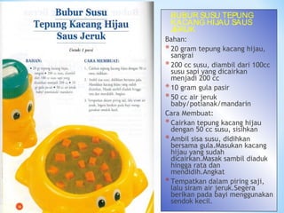 BUBUR SUSU TEPUNG
KACANG HIJAU SAUS
JERUK
Bahan:
*20 gram tepung kacang hijau,
sangrai
*200 cc susu, diambil dari 100cc
susu sapi yang dicairkan
menjadi 200 cc
*10 gram gula pasir
*50 cc air jeruk
baby/potianak/mandarin
Cara Membuat:
*Cairkan tepung kacang hijau
dengan 50 cc susu, sisihkan
*Ambil sisa susu, didihkan
bersama gula.Masukan kacang
hijau yang sudah
dicairkan.Masak sambil diaduk
hingga rata dan
mendidih.Angkat
*Tempatkan dalam piring saji,
lalu siram air jeruk.Segera
berikan pada bayi menggunakan
sendok kecil.
 