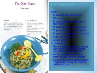 TIM NASI IKAN
Bahan:
*20 gram beras, cuci bersih
*625 cc air
*25 gram daging ikan kakap, iris
kecil-kecil
*25 gram tempe, iris kecil-kecil
*25 gram tomat, iris kecil-kecil
*25 gram daun kangkung, iris halus
*1 sdm santan kental
*sedikit garam
Cara Membuat:
*Rebus air bersama beras, daging
ikan kakap, dan tempe hingga
menjadi bubur yang kental
*Masukan kangkung dan tomat,
masak hingga sayuran matang
*Tuang santan, beri garam.Angkat,
tuangkan ke piring saji. Segera
berikan ke bayi.
 
