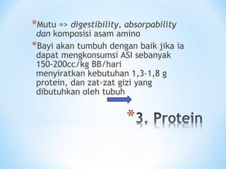 *Mutu => digestibility, absorpability
dan komposisi asam amino
*Bayi akan tumbuh dengan baik jika ia
dapat mengkonsumsi ASI sebanyak
150-200cc/kg BB/hari
menyiratkan kebutuhan 1,3-1,8 g
protein, dan zat-zat gizi yang
dibutuhkan oleh tubuh
 