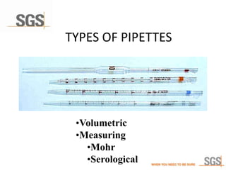 TYPES OF PIPETTES
•Volumetric
•Measuring
•Mohr
•Serological
 