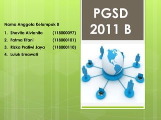 Nama Anggota Kelompok 8
1. Shevita Alvianita (118000097)
2. Fatma Tifani (118000101)
3. Rizka Pratiwi Jaya (118000110)
4. Luluk Ernawati
PGSD
2011 B
 