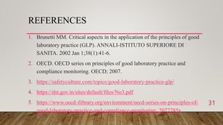 REFERENCES
1. Brunetti MM. Critical aspects in the application of the principles of good
laboratory practice (GLP). ANNALI-ISTITUTO SUPERIORE DI
SANITA. 2002 Jan 1;38(1):41-6.
2. OECD. OECD series on principles of good laboratory practice and
compliance monitoring. OECD; 2007.
3. https://safetyculture.com/topics/good-laboratory-practice-glp/
4. https://dst.gov.in/sites/default/files/No3.pdf
5. https://www.oecd-ilibrary.org/environment/oecd-series-on-principles-of-
good-laboratory-practice-and-compliance-monitoring_2077785x
31
 
