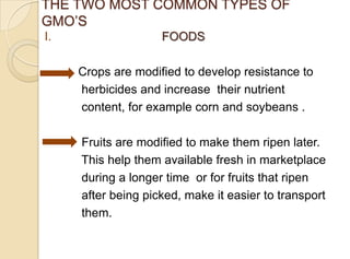THE TWO MOST COMMON TYPES OF
GMO‟S
I. FOODS
Crops are modified to develop resistance to
herbicides and increase their nutrient
content, for example corn and soybeans .
Fruits are modified to make them ripen later.
This help them available fresh in marketplace
during a longer time or for fruits that ripen
after being picked, make it easier to transport
them.
 