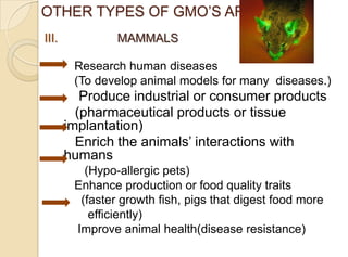 OTHER TYPES OF GMO‟S ARE
III. MAMMALS
Research human diseases
(To develop animal models for many diseases.)
Produce industrial or consumer products
(pharmaceutical products or tissue
implantation)
Enrich the animals‟ interactions with
humans
(Hypo-allergic pets)
Enhance production or food quality traits
(faster growth fish, pigs that digest food more
efficiently)
Improve animal health(disease resistance)
 