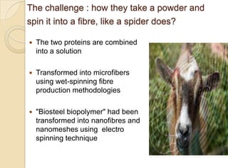 The challenge : how they take a powder and
spin it into a fibre, like a spider does?
 The two proteins are combined
into a solution
 Transformed into microfibers
using wet-spinning fibre
production methodologies
 "Biosteel biopolymer" had been
transformed into nanofibres and
nanomeshes using electro
spinning technique
 