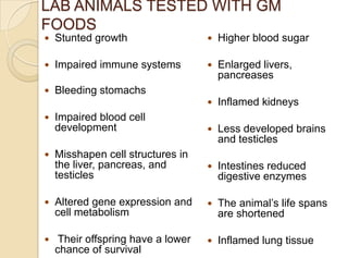 LAB ANIMALS TESTED WITH GM
FOODS
 Stunted growth
 Impaired immune systems
 Bleeding stomachs
 Impaired blood cell
development
 Misshapen cell structures in
the liver, pancreas, and
testicles
 Altered gene expression and
cell metabolism
 Their offspring have a lower
chance of survival
 Higher blood sugar
 Enlarged livers,
pancreases
 Inflamed kidneys
 Less developed brains
and testicles
 Intestines reduced
digestive enzymes
 The animal‟s life spans
are shortened
 Inflamed lung tissue
 