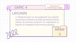 Kuwarter 3
Ikalawang Linggo
2. Napatutunayan na ang pagtupad ng tungkulin
ng pamilya sa kapuwa ay dapat gampanan bilang
bahagi ng kanilang tungkulin na maglingkod sa
kapuwa at mapagbuti ang kanilang ugnayan.
LAYUNIN
ARAW
3
GMRC 4
 