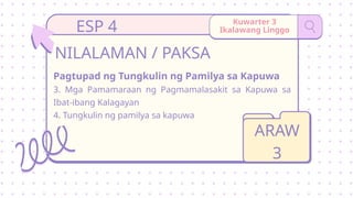 Kuwarter 3
Ikalawang Linggo
ESP 4
Pagtupad ng Tungkulin ng Pamilya sa Kapuwa
3. Mga Pamamaraan ng Pagmamalasakit sa Kapuwa sa
Ibat-ibang Kalagayan
4. Tungkulin ng pamilya sa kapuwa
NILALAMAN / PAKSA
ARAW
3
 