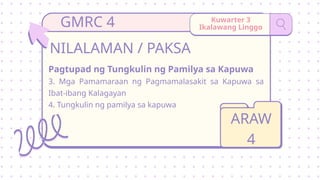 Kuwarter 3
Ikalawang Linggo
Pagtupad ng Tungkulin ng Pamilya sa Kapuwa
3. Mga Pamamaraan ng Pagmamalasakit sa Kapuwa sa
Ibat-ibang Kalagayan
4. Tungkulin ng pamilya sa kapuwa
NILALAMAN / PAKSA
ARAW
4
GMRC 4
 