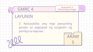 Kuwarter 3
Ikalawang Linggo
3. Naisasakilos ang mga pansariling
paraan sa pagtupad ng tungkulin ng
pamilya sa kapuwa.
LAYUNIN
ARAW
5
GMRC 4
 