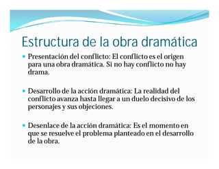 Estructura de la obra dramática
 Presentación del conflicto: El conflicto es el origen
  para una obra dramática. Si no hay conflicto no hay
  drama.

 Desarrollo de la acción dramática: La realidad del
  conflicto avanza hasta llegar a un duelo decisivo de los
  personajes y sus objeciones.

 Desenlace de la acción dramática: Es el momento en
  que se resuelve el problema planteado en el desarrollo
  de la obra.
 