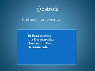 3)Estrofa
Tu boca es como
una flor marchita
Que cuando lloro
Derrama vida
Es el conjunto de versos.
 