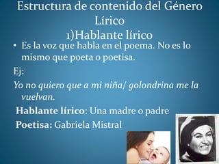 Estructura de contenido del Género
Lírico
1)Hablante lírico
• Es la voz que habla en el poema. No es lo
mismo que poeta o poetisa.
Ej:
Yo no quiero que a mi niña/ golondrina me la
vuelvan.
Hablante lírico: Una madre o padre
Poetisa: Gabriela Mistral
 