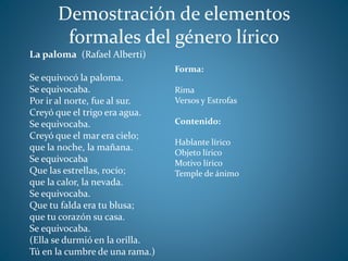 Demostración de elementos
formales del género lírico
La paloma (Rafael Alberti)
Se equivocó la paloma.
Se equivocaba.
Por ir al norte, fue al sur.
Creyó que el trigo era agua.
Se equivocaba.
Creyó que el mar era cielo;
que la noche, la mañana.
Se equivocaba
Que las estrellas, rocío;
que la calor, la nevada.
Se equivocaba.
Que tu falda era tu blusa;
que tu corazón su casa.
Se equivocaba.
(Ella se durmió en la orilla.
Tú en la cumbre de una rama.)
Forma:
Rima
Versos y Estrofas
Contenido:
Hablante lírico
Objeto lírico
Motivo lírico
Temple de ánimo
 