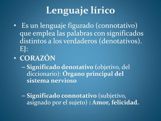 Lenguaje lírico
• Es un lenguaje figurado (connotativo)
que emplea las palabras con significados
distintos a los verdaderos (denotativos).
EJ:
• CORAZÓN
– Significado denotativo (objetivo, del
diccionario): Órgano principal del
sistema nervioso
– Significado connotativo (subjetivo,
asignado por el sujeto) : Amor, felicidad.
 