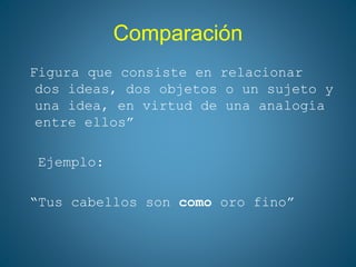 Comparación
Figura que consiste en relacionar
dos ideas, dos objetos o un sujeto y
una idea, en virtud de una analogía
entre ellos”
Ejemplo:
“Tus cabellos son como oro fino”
 