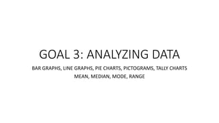 GOAL 3: ANALYZING DATA
BAR GRAPHS, LINE GRAPHS, PIE CHARTS, PICTOGRAMS, TALLY CHARTS
MEAN, MEDIAN, MODE, RANGE
 