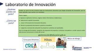 Ministerio de Educación
Laboratorio de Innovación
Pueden ser parte de esta iniciativa todas las instituciones educativas que tengan proyectos de innovación, que los
hayan aplicado y que cuenten con resultados.
¿Quiénes
puedes ser
parte?
Pasos a seguir:
a.-Ingresar al aplicativo Colmena, registrar datos informativos y Gobernanza.
b.- Seleccionar la opción Innovación.
c.-. Llenar el formulario de Innovación Educativa.
d.- Remitir la propuesta de proyecto o práctica innovadora.
e.- Luego de un proceso de evaluación los proyectos o prácticas son aprobados.
Para la entrega del formulario, recepción de propuesta de proyectos o prácticas innovadoras y recibir asesoría sobre
este proceso comunicarse a través del correo:
gestionescolar@educacion.gob.ec
¿Cómo ser
parte?
Hitos
Curso para Directivos
Mesas de diálogo
 