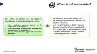 Ministerio de Educación
¿Cómo se definen las metas?
Las metas se alinean con los objetivos
operativos y se guían por preguntas como:
• ¿Qué resultados queremos obtener en la
consecución de los objetivos?
• ¿Cómo desarrollar y organizar las acciones para
el cumplimiento de los objetivos?
• ¿En qué tiempo se van a lograr cada uno de los
objetivos?
• Se planifican a mediano y largo plazo​
• Se puede plantear más de una meta por
objetivo operativo.
• Una vez priorizadas se deben ejecutar
durante los cuatro años de planificación.
• Son la guía para la autoevaluación anual
que realice el Comité Central Colmena.
• Guían el seguimiento externo.
 