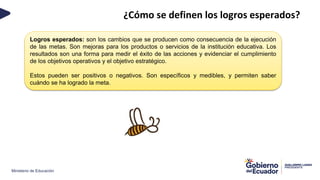 Ministerio de Educación
¿Cómo se definen los logros esperados?
Logros esperados: son los cambios que se producen como consecuencia de la ejecución
de las metas. Son mejoras para los productos o servicios de la institución educativa. Los
resultados son una forma para medir el éxito de las acciones y evidenciar el cumplimiento
de los objetivos operativos y el objetivo estratégico.
Estos pueden ser positivos o negativos. Son específicos y medibles, y permiten saber
cuándo se ha logrado la meta.
 