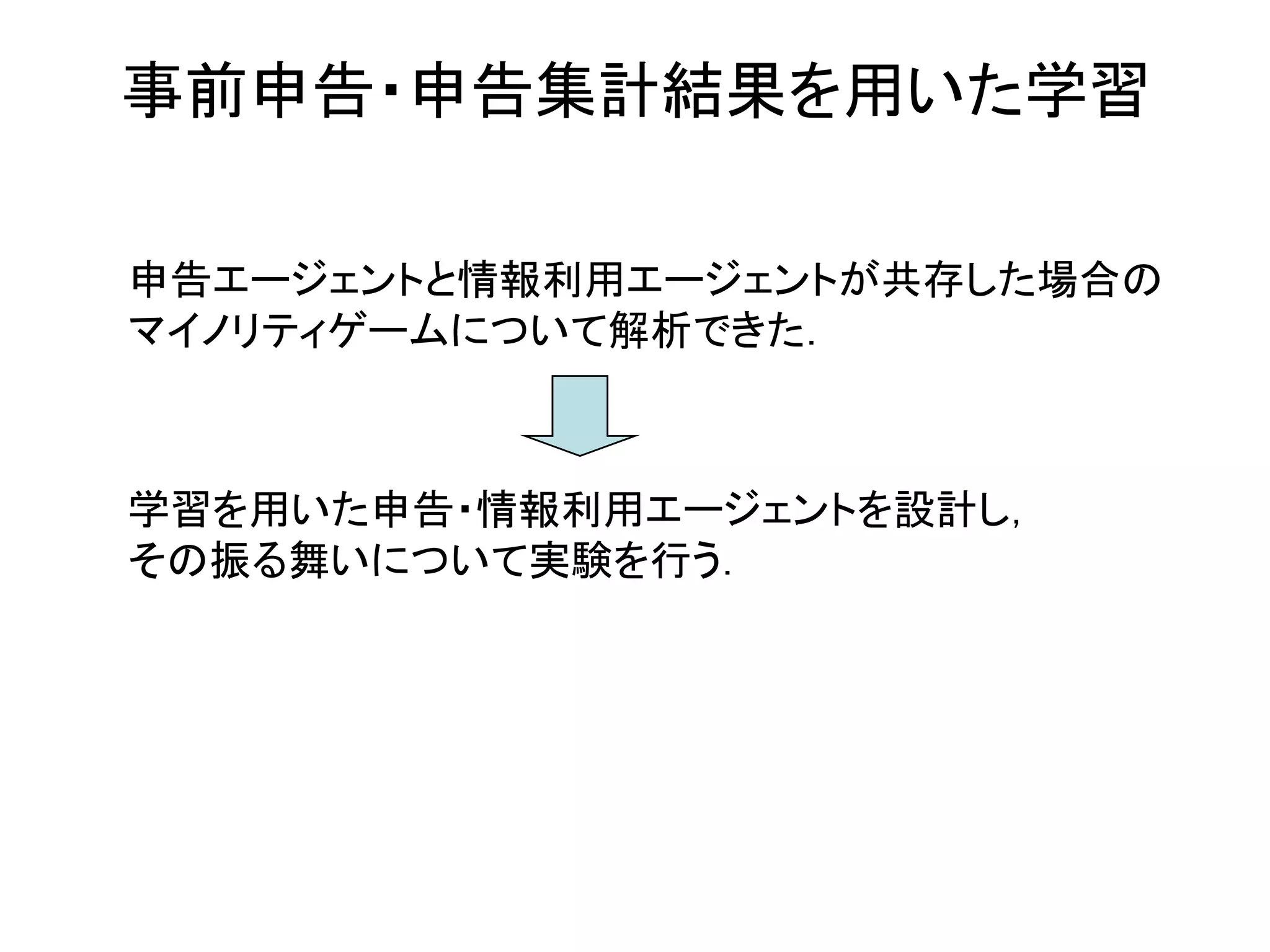 事前申告・申告集計結果を用いた学習

申告エージェントと情報利用エージェントが共存した場合の
マイノリティゲームについて解析できた．



学習を用いた申告・情報利用エージェントを設計し，
その振る舞いについて実験を行う．
 