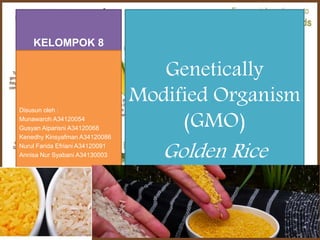 KELOMPOK 8
Genetically
Modified Organism
(GMO)
Golden Rice
Disusun oleh :
Munawaroh A34120054
Gusyan Aiparisni A34120068
Kenedhy Kinsyafman A34120086
Nurul Farida Efriani A34120091
Annisa Nur Syabani A34130003
 