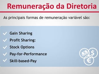 As principais formas de remuneração variável são:
Remuneração da Diretoria
Gain Sharing
Profit Sharing:
Stock Options
Pay-for-Performance
Skill-based-Pay
 